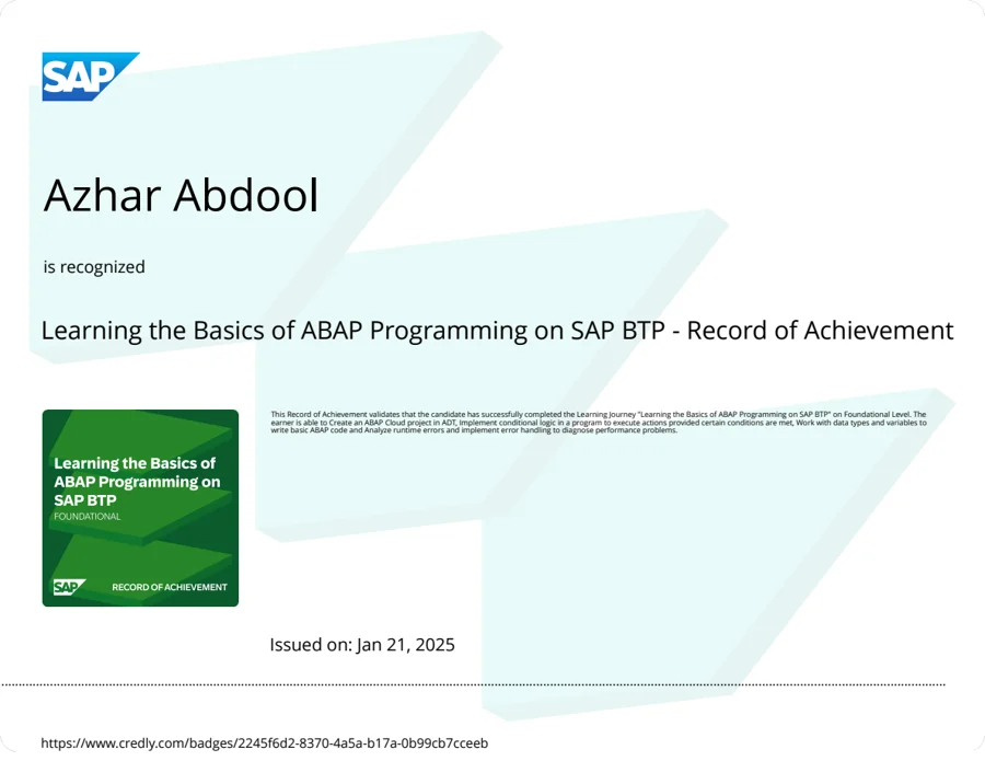 Genuine SAP document for Learning the Basics of ABAP Programming on SAP BTP, privacy-reviewed copy