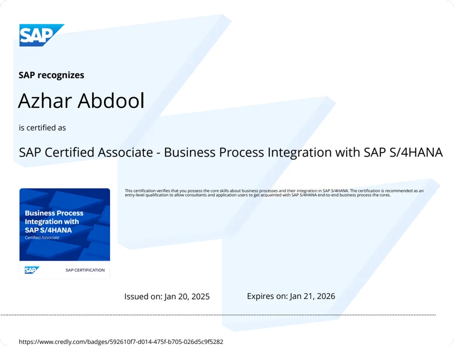 Genuine SAP document for SAP Certified Associate - Business Process Integration with SAP S/4HANA, privacy-reviewed copy