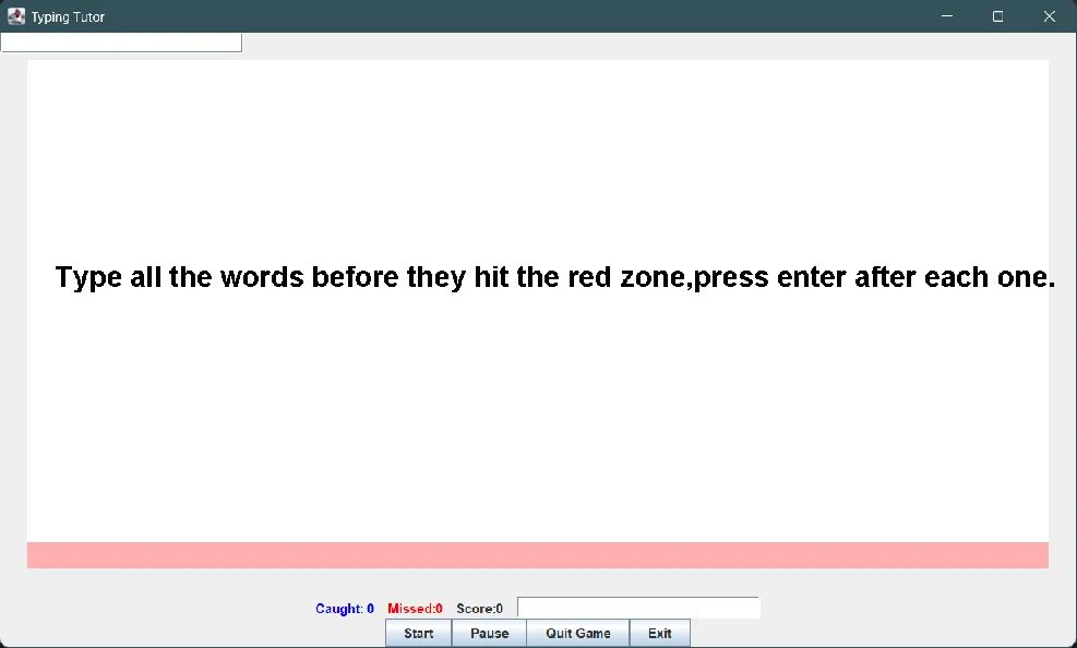 Actual source-built Swing typing tutor, showing its original idle screen and score/pause controls